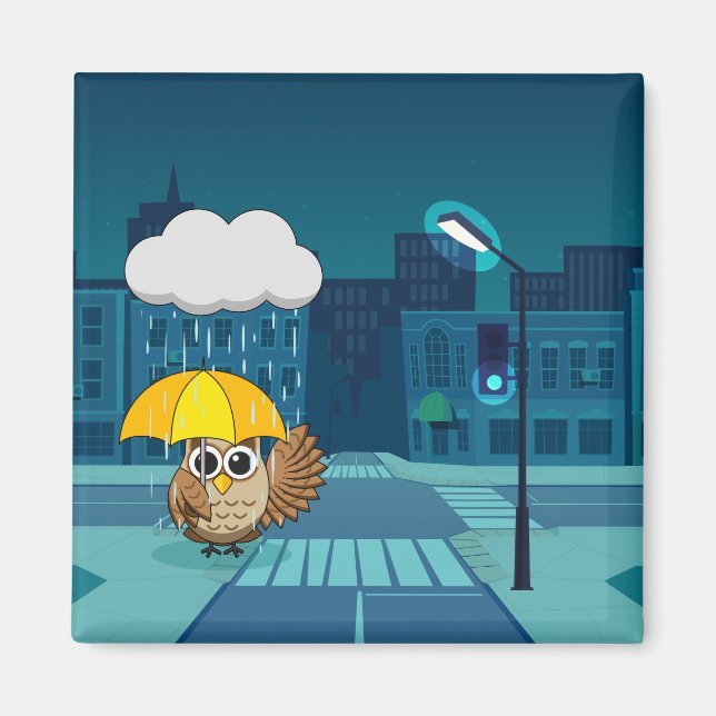 Aimant Chouette mignonne avec parapluie le jour de la plu (Devant)