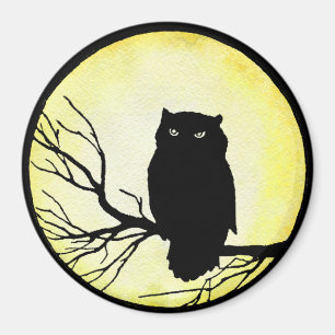 Aimant Chouette Vintage Effrayante avec Lune Aquarelle Ja