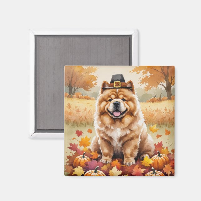 Aimant Chow Chow À L'Automne Feuille L'Art Thanksgiving (Recto/Verso)