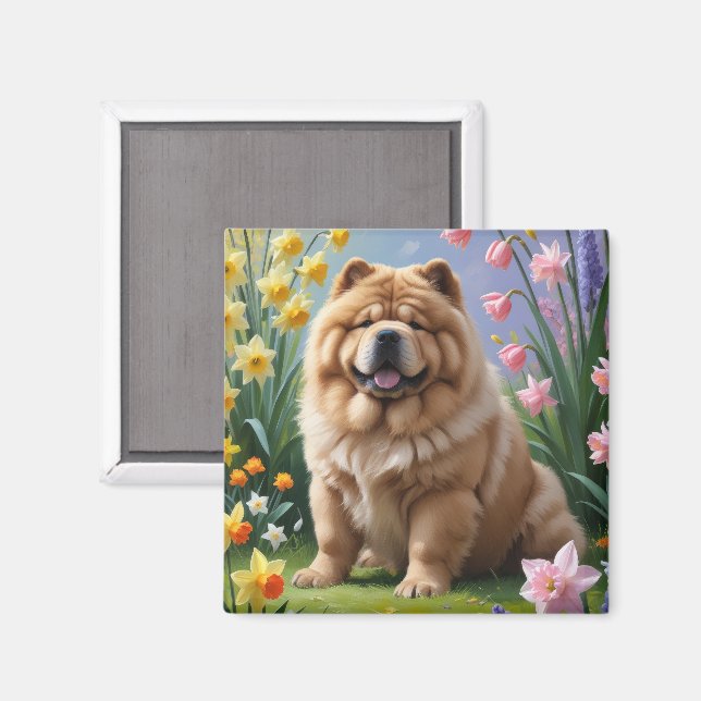 Aimant Chow Chow Chien Fleurs de printemps Peinture (Recto/Verso)