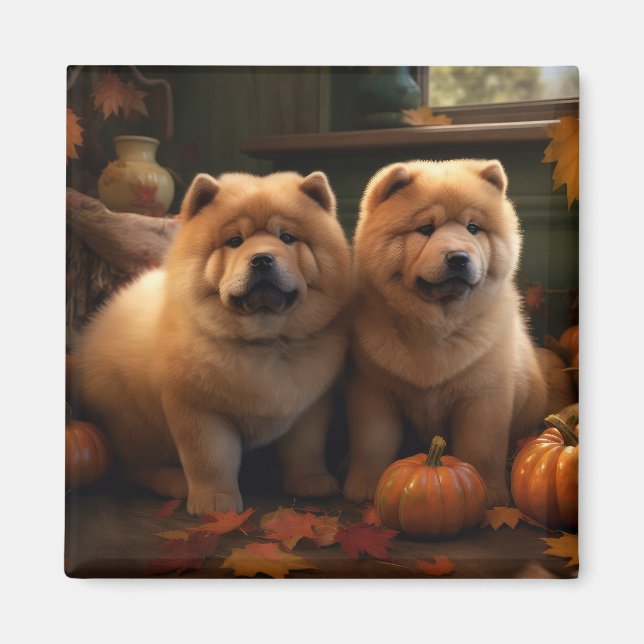 Aimant Chow Chow Chiot Automne Citrouille de plaisir (Devant)
