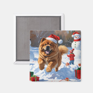 Aimant Chow Chow coule en neige avec le Casquette de Noël