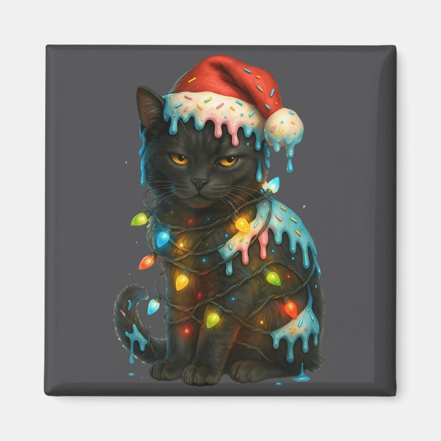 Aimant Christmas Black Cat Ice Cream Drip Santa Hat Cute  (Devant)