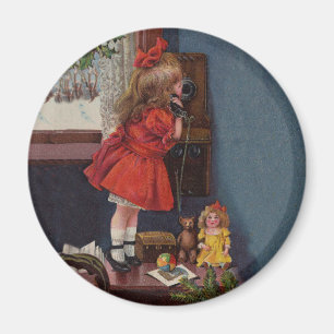 Aimant Christmas Little Girl Téléphone Antique