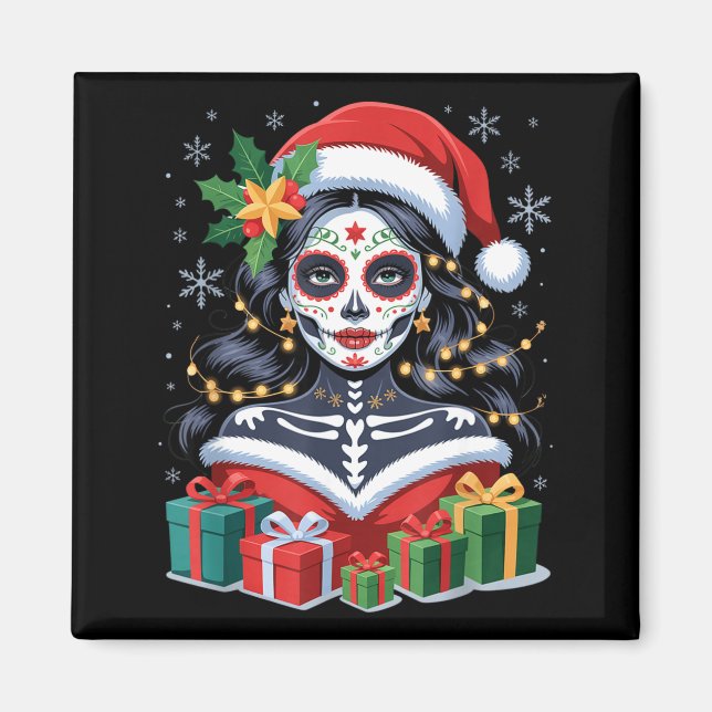 Aimant Christmas Sugar Skull Art Woman Santa Hat Festive  (Devant)