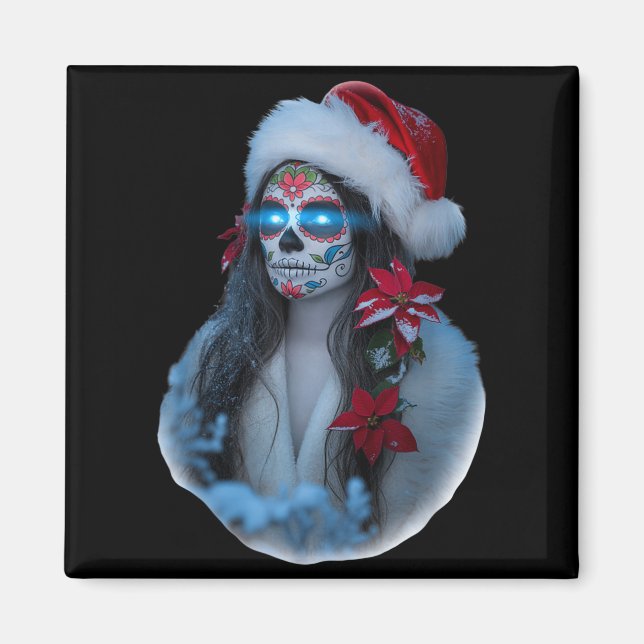 Aimant Christmas Sugar Skull Art Woman Santa Hat Festive  (Devant)