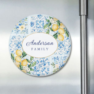 Aimant Citron de carreau italien bleu aquarelle personnal