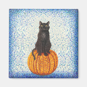 Aimant Citrouille de chat noir Pointillisme Halloween