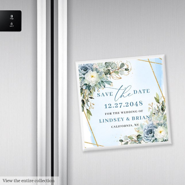 Aimant Classic Dusty Bleu Botanique Or Enregistrer La Dat (Classic Dusty Blue Botanical Gold Save The Date Magnet

)