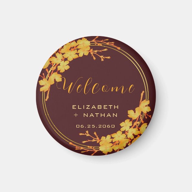 Aimant Classy Bourgogne & Gold Floral Mariage bienvenue (Devant)