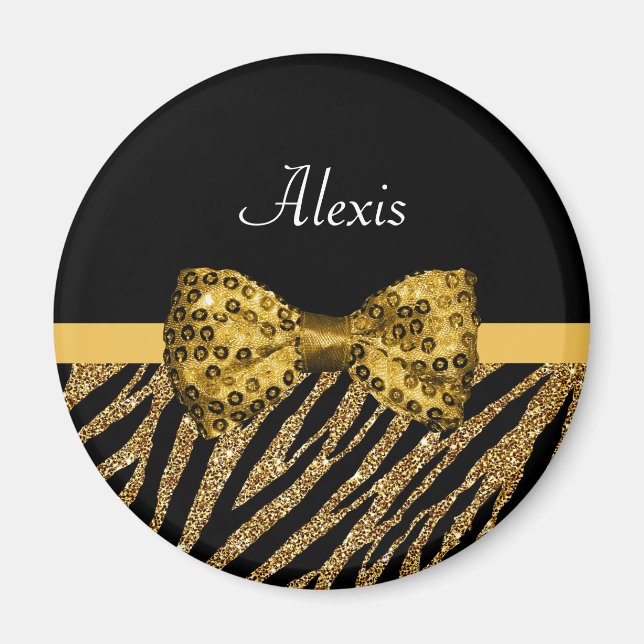 Aimant Classy Gold Zebra Print FAUX Glitz Bow avec nom (Devant)