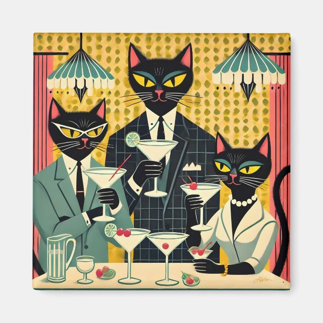 Aimant Club Martini Cat Noir Futuriste Rétro (Devant)