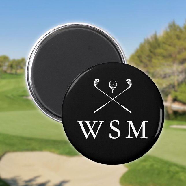 Aimant Clubs De Golf Personnalisés Noir Et Blanc (Black And White Custom Monogram Golf Clubs Magnet)