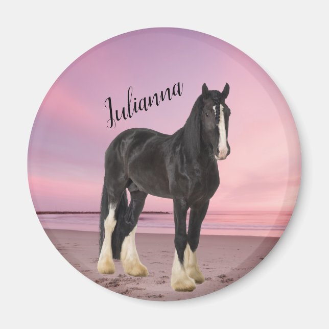 Aimant Clydesdale noir et blanc sur la plage au coucher d (Devant)