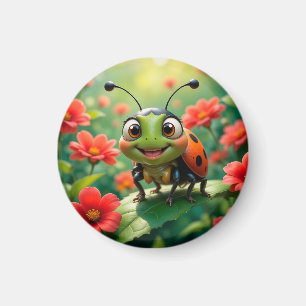 Aimant Coccinelle de dessin animé adorable sur une feuill
