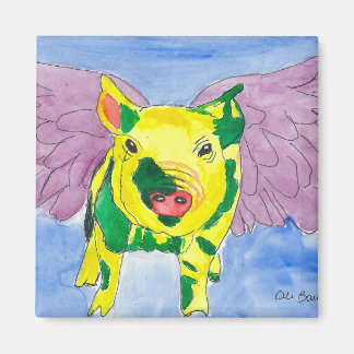 Aimant Cochon volant nommé Ozzy Pigasus Watercolor Paint