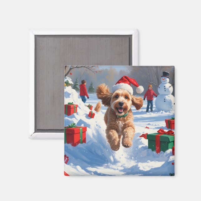 Aimant Cockapo coule en neige avec Casquette de Noël (Recto/Verso)