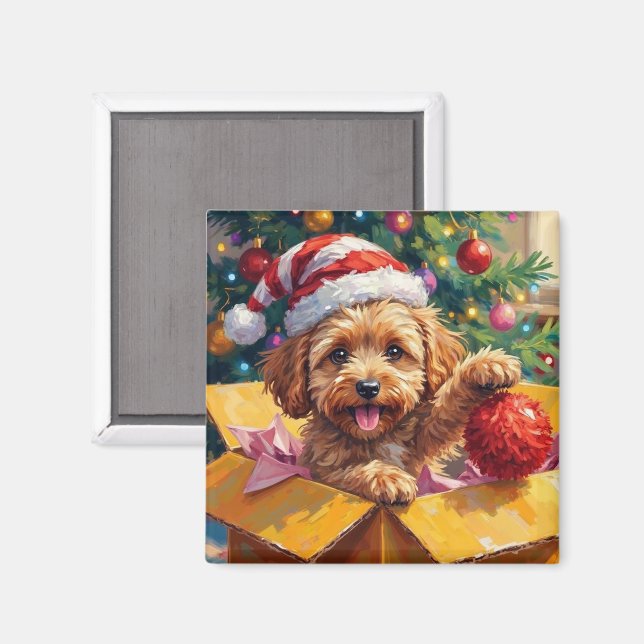 Aimant Cockapoo Dog Christmas Gift Box Surprise (Recto/Verso)
