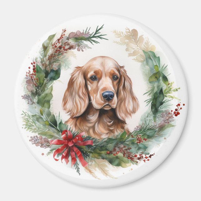 Aimant Cocker Spaniel Noël Wreath Festive Pup (Devant)