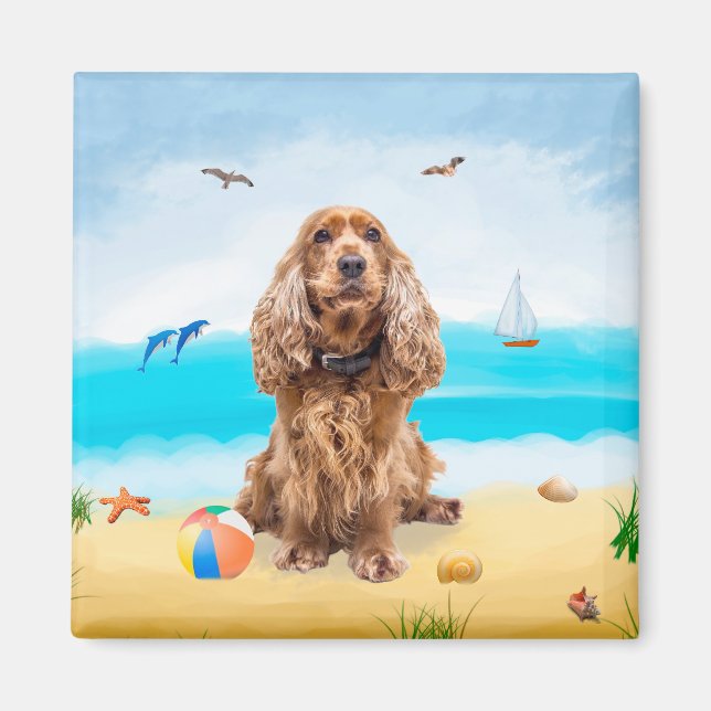 Aimant Cocker Spaniel sur la plage (Devant)