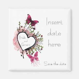Aimant Coeur, fleurs et papillons Enregistrer la date