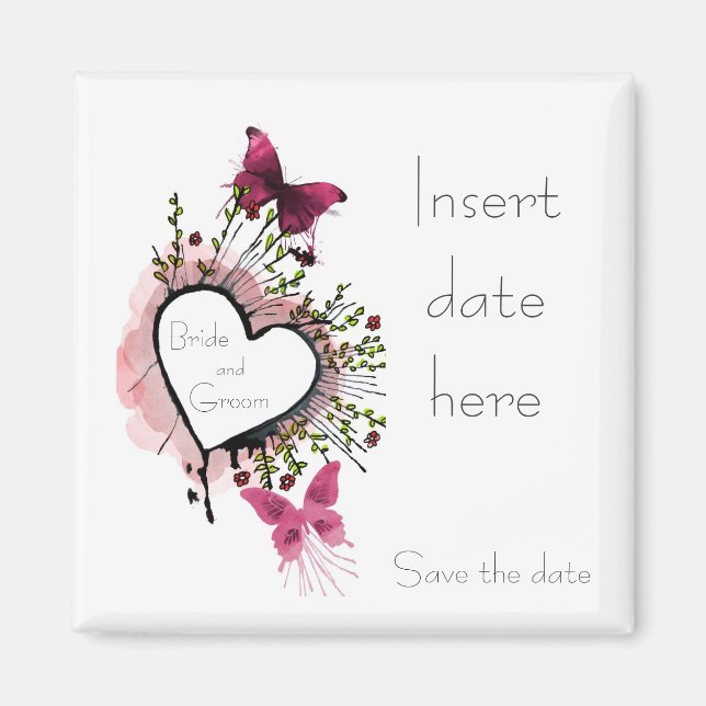 Aimant Coeur, fleurs et papillons Enregistrer la date (Devant)