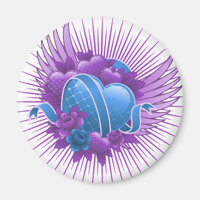 Aimant Coeurs bleus Roses et ailes (Devant)