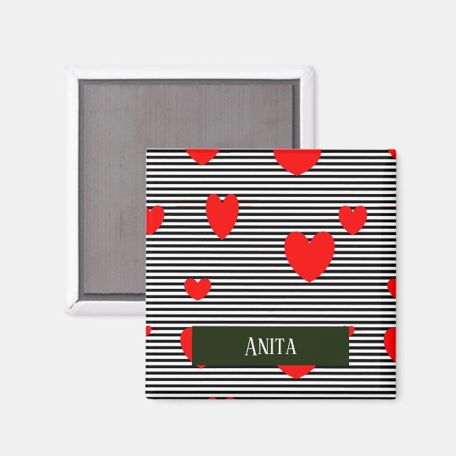 Aimant Coeurs et rayures rouges personnalisés (Recto/Verso)