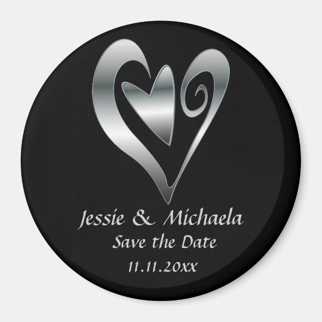 Aimant Coeurs Mariages en argent sur Black Save the Date (Devant)