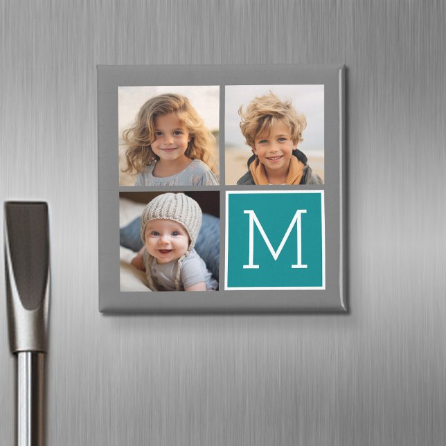 Aimant Collage de monogramme de photo Instagram gris et s (Personalized fridge magnet with photos and custom text)