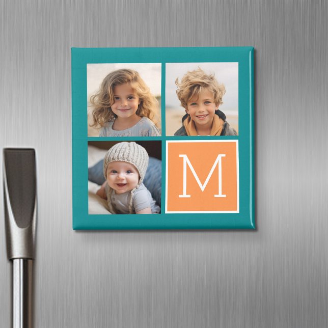 Aimant Collage de photos Instagram monochrome orange et b (Personalized fridge magnet with photos and custom text)