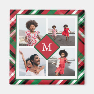 Aimant Collage photo et monogramme de vacances Red Plaid