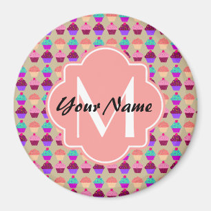 Aimant Coral Cupcake Nom personnalisé, Monogramme personn