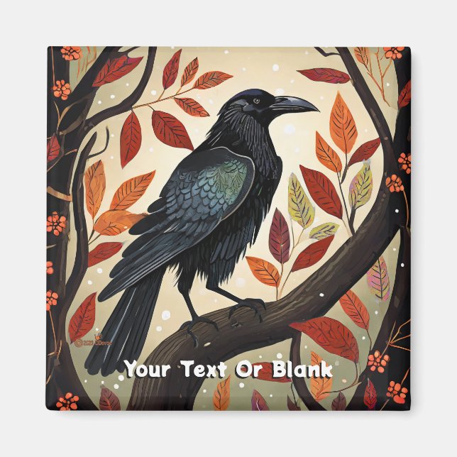 Aimant Corbeau Coloré Perché dans un Arbre (Devant)