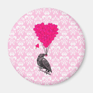 Aimant Corbeau et cœur sur damas rose