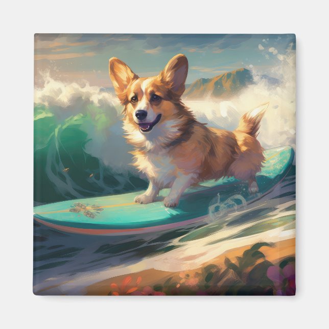 Aimant Corgi Beach Surf Peinture (Devant)