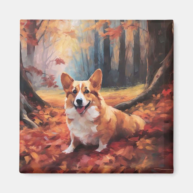 Aimant Corgi dans les feuilles d'automne automne automne  (Devant)