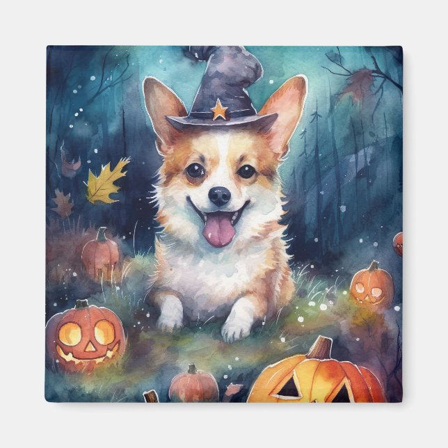 Aimant Corgi d'Halloween avec la peur Citrouille (Devant)