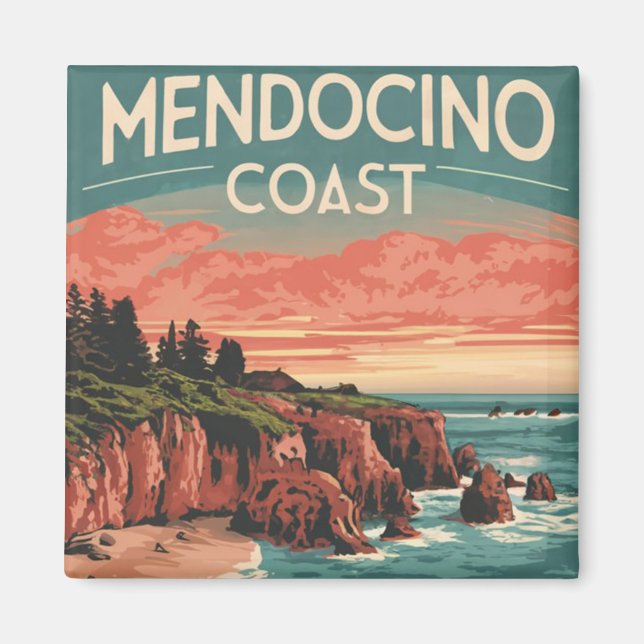 Aimant Côte Mendocino, Californie Aquarelle Retro (Devant)