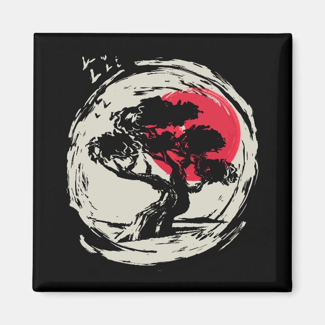 Aimant Coucher de soleil japonais Bonsai Art (Devant)
