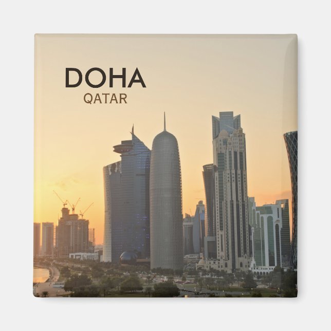 Aimant Coucher de soleil sur Doha, Qatar carré texte magn (Devant)
