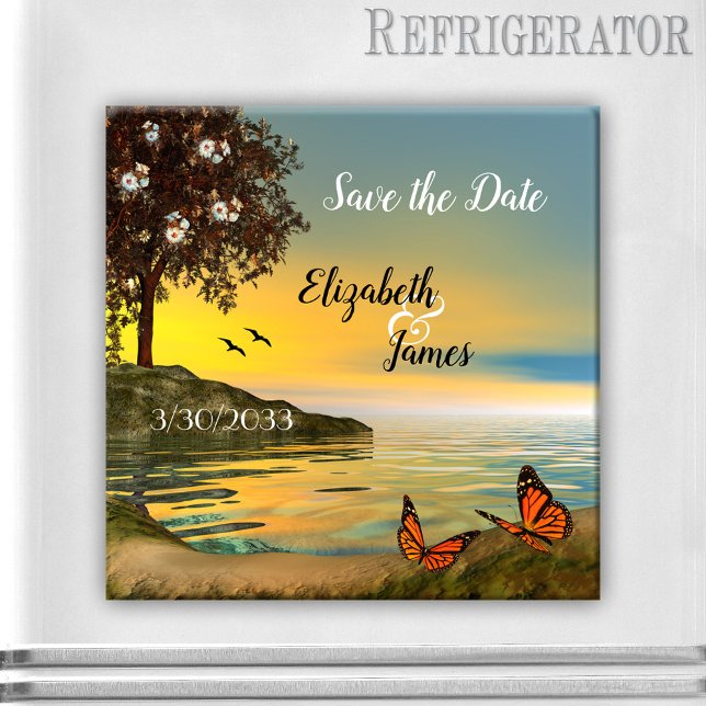 Aimant Coucher de soleil sur le lac avec des papillons Éc (Save the Date magnet featuring a coastal landscape with a blossoming tree and butterflies at sunset)