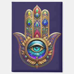 Aimant Couleurs de Paon Doré Hamsa Saphir Vert Troisième 