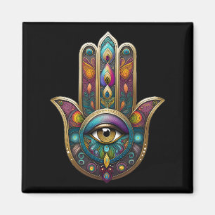 Aimant Couleurs de paon Hamsa avec Troisième Œil en or