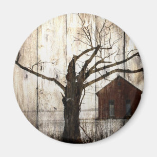 Aimant Country primitive Woodgrain Winter Tree Red Barn