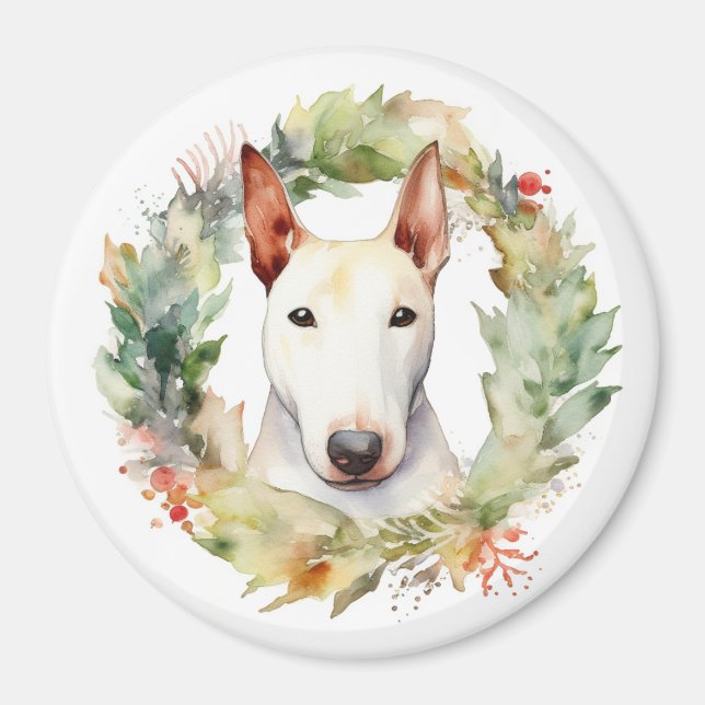 Aimant Coupe de fête de la couronne de Noël Bull Terrier (Devant)