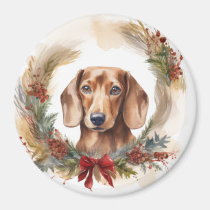 Aimant Coupe de fête de la couronne de Noël de Dachshund