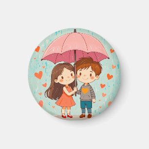Aimant Couple de dessin animé mignon souriant sous un par