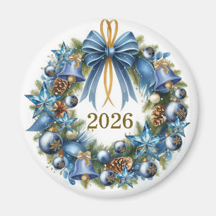 Aimant Couronne de Noël bleue et or personnalisable