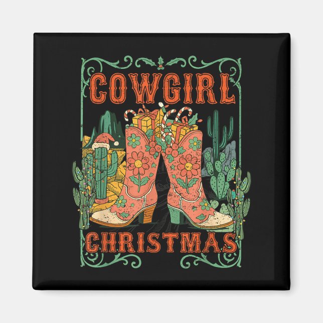 Aimant Cowgirl Christmas Boots Cactus Retro Western Holid (Devant)